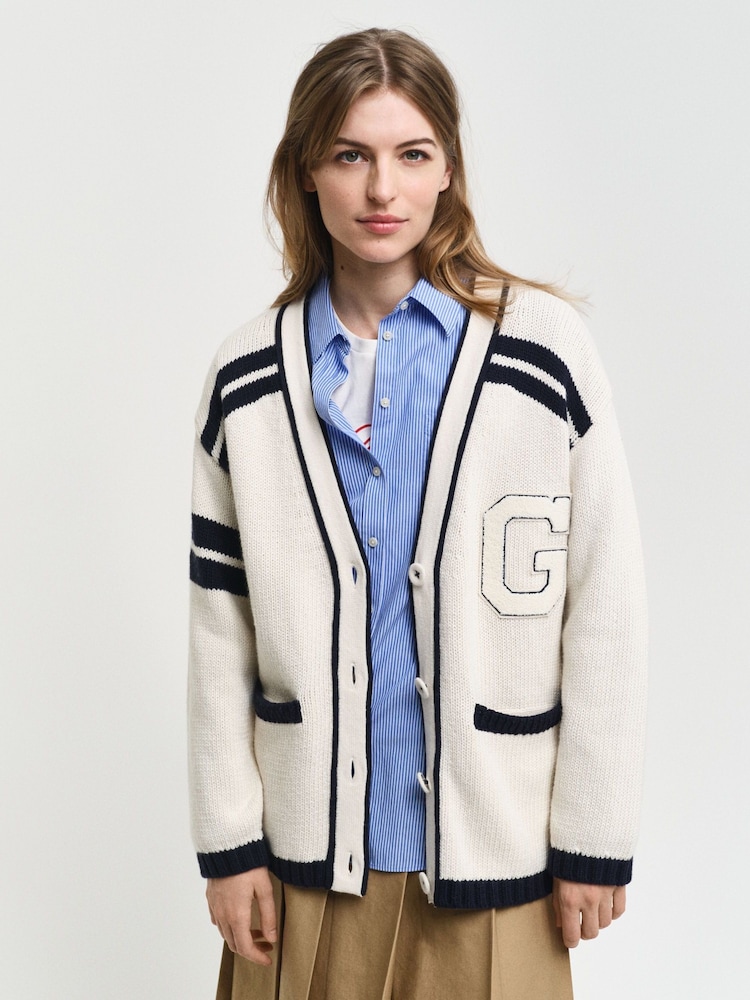 GANT Cream Varsity V-Neck Cardigan - Image 1 of 4