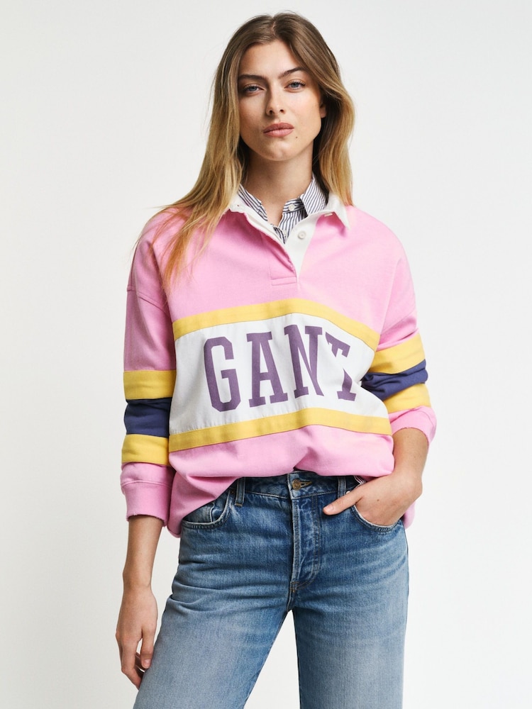 GANT Pink Colour Block Rugby Cotton Polo Shirt - Image 1 of 5