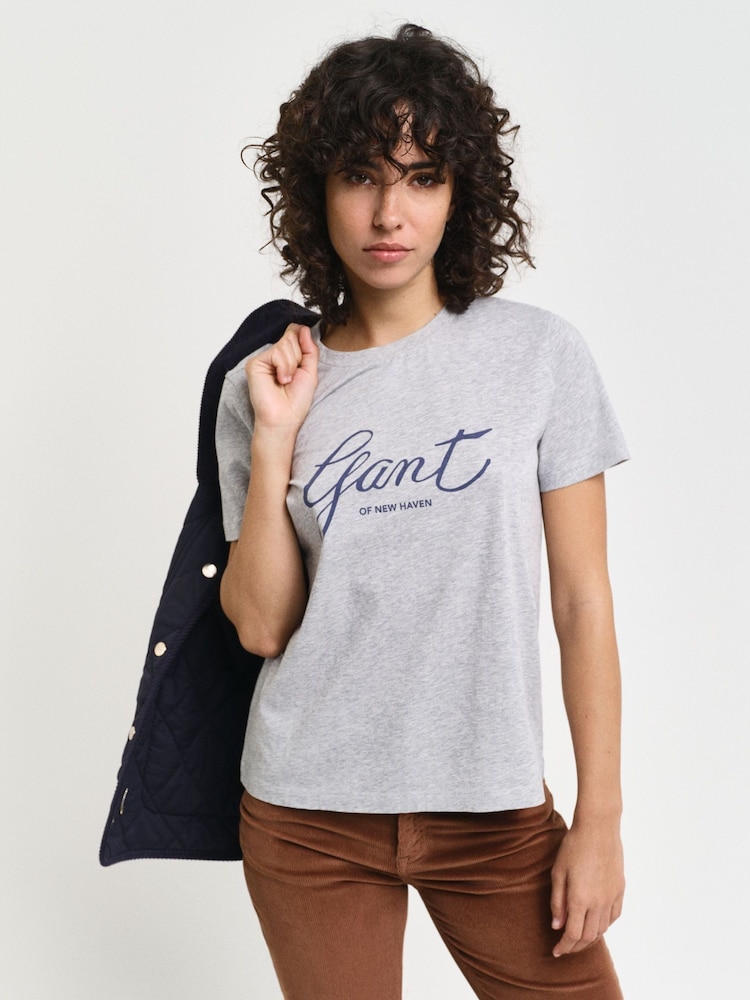 GANT Grey 100% Cotton Regular Script T-Shirt - Image 1 of 4
