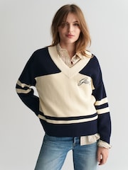 GANT Blue Varsity Cotton V-Neck Jumper - Image 1 of 4