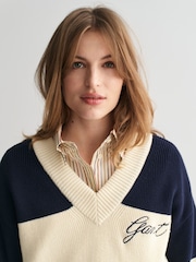 GANT Blue Varsity Cotton V-Neck Jumper - Image 3 of 4