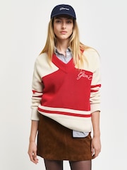 GANT Red Varsity Cotton V-Neck Jumper - Image 1 of 4