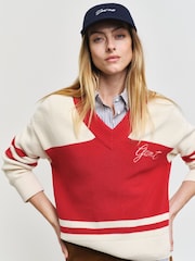 GANT Red Varsity Cotton V-Neck Jumper - Image 4 of 4