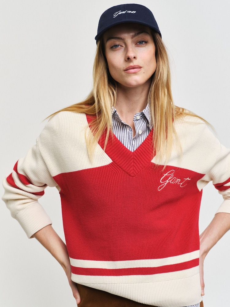 GANT Red Varsity Cotton V-Neck Jumper - Image 4 of 4