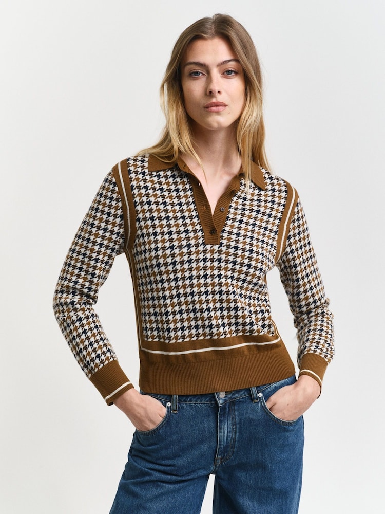 GANT Brown Houndstooth Jacquard Polo Shirt - Image 3 of 6