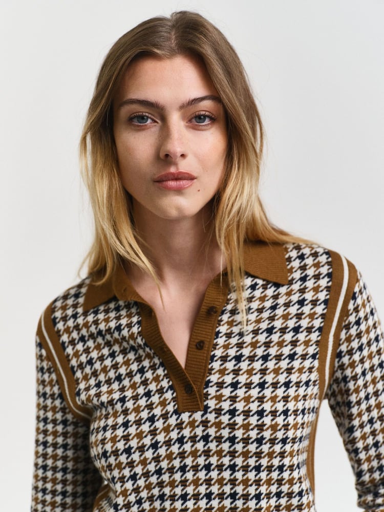 GANT Brown Houndstooth Jacquard Polo Shirt - Image 6 of 6