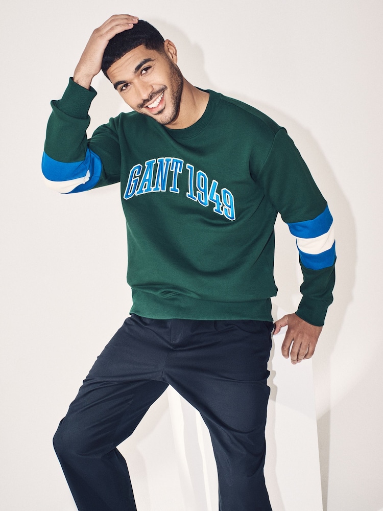 GANT Green Long Sleve Colourblock Crew Neck 100% Cotton T-Shirt - Image 1 of 6