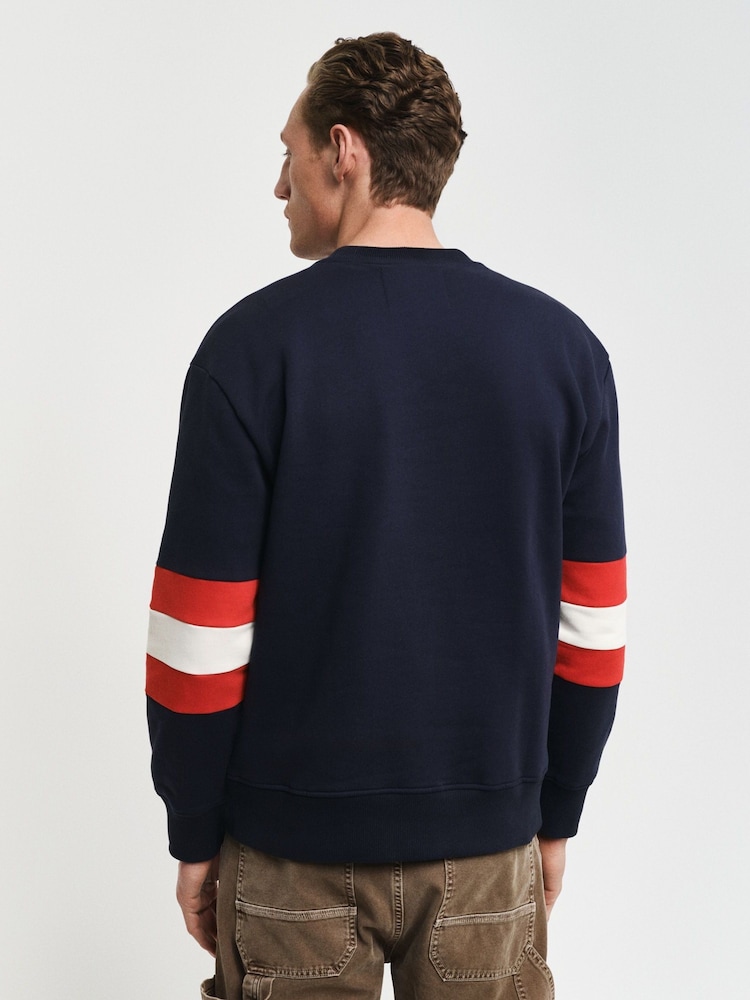 GANT Blue Long Sleve Colourblock Crew Neck 100% Cotton T-Shirt - Image 2 of 4
