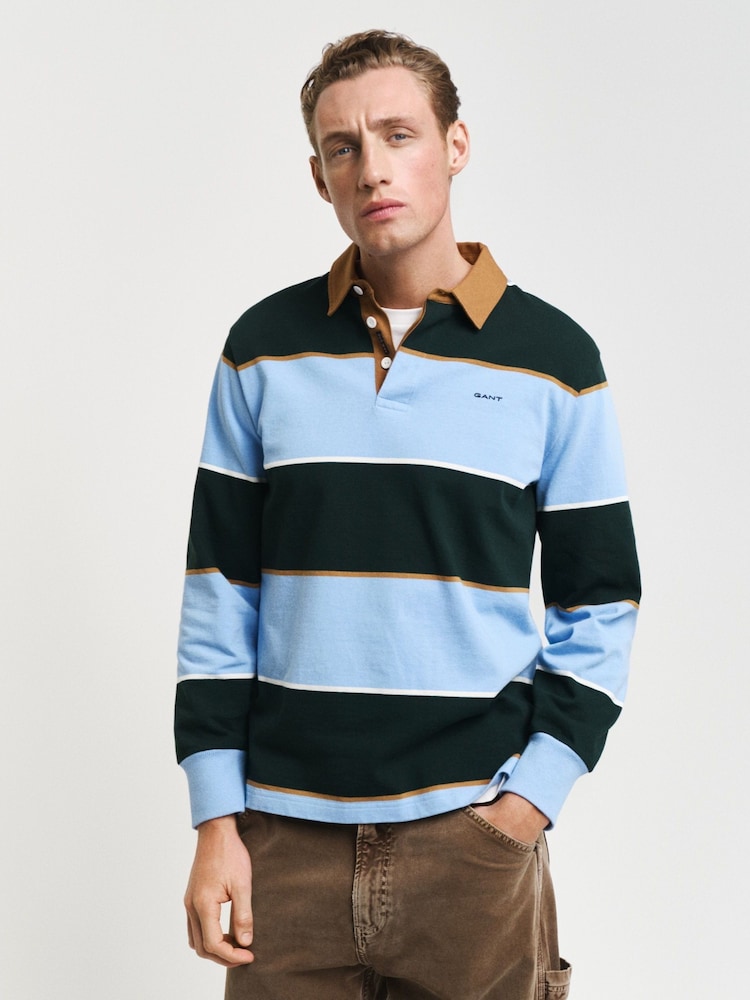 GANT Blue Multistripe Heavy Rugby 100% Cotton Polo Shirt - Image 1 of 5