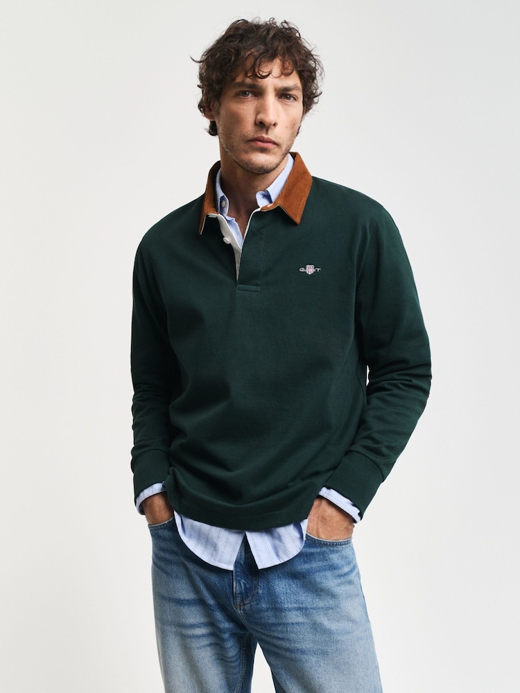 GANT Green Corduroy Collar Rugby Polo Shirt - Image 1 of 7 GANT Green Corduroy Collar Rugby Polo Shirt - Image 1 of 7