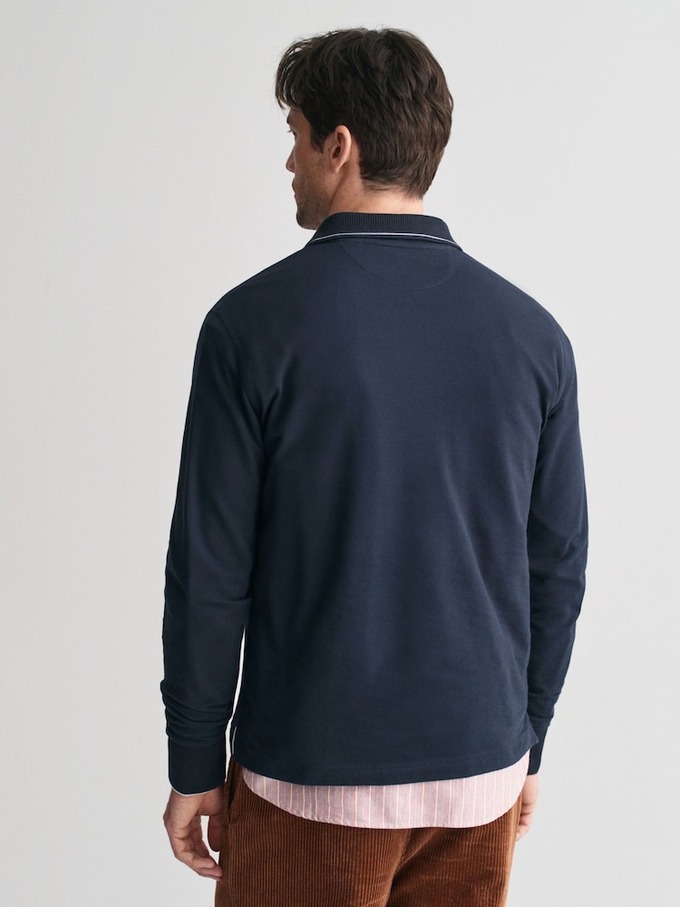GANT Blue Textured Collar 100% Cotton Polo Shirt - Image 2 of 4