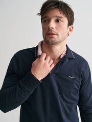 GANT Blue Textured Collar 100% Cotton Polo Shirt - Image 4 of 4