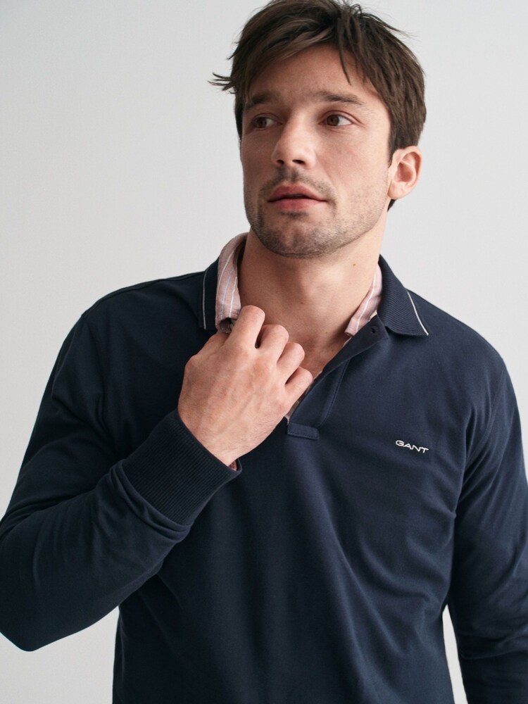 GANT Blue Textured Collar 100% Cotton Polo Shirt - Image 4 of 4