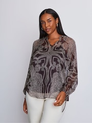Live Unlimited Brown Print Nehru Collar Blouson Long Sleeve Blouse - Image 1 of 4