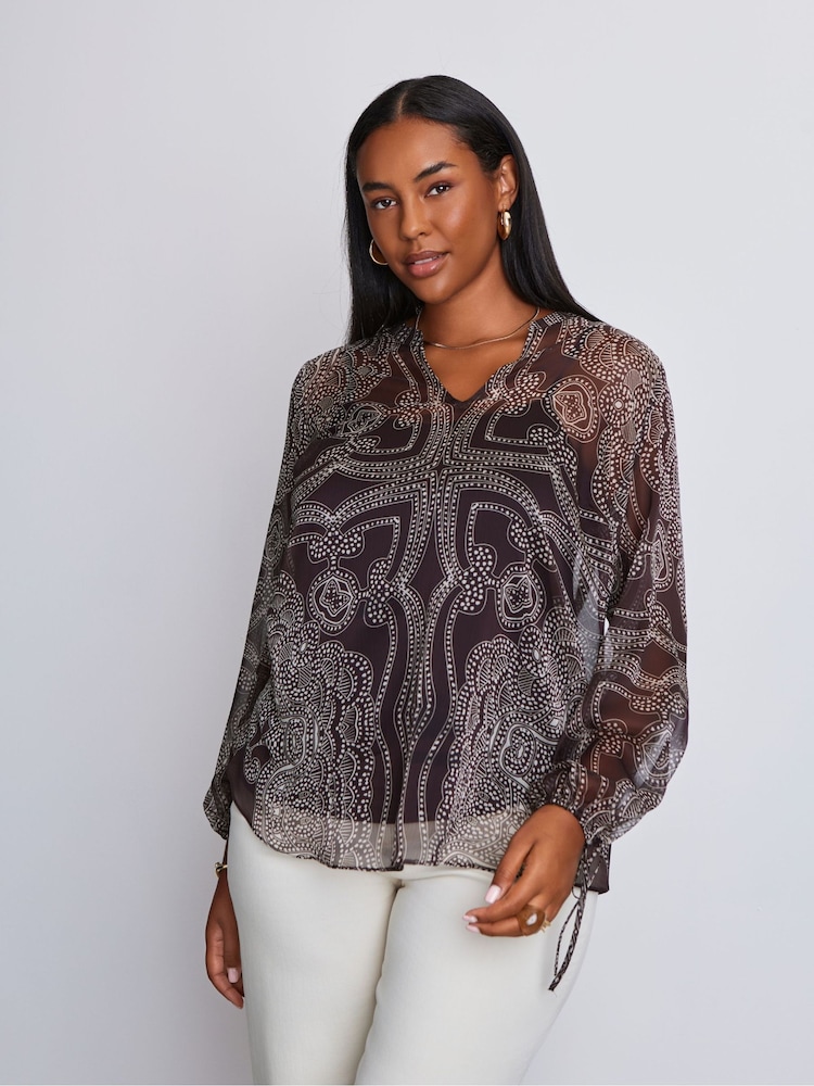 Live Unlimited Brown Print Nehru Collar Blouson Long Sleeve Blouse - Image 1 of 4 Live Unlimited Brown Print Nehru Collar Blouson Long Sleeve Blouse - Image 1 of 4