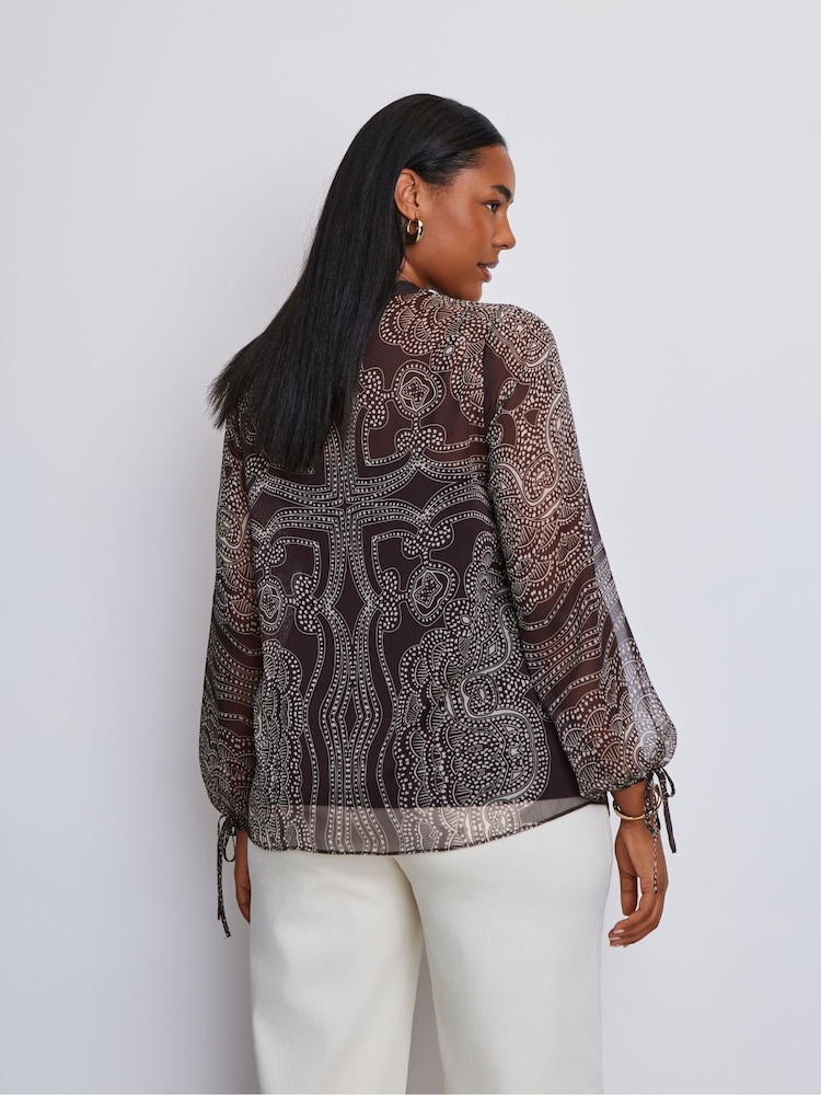 Live Unlimited Brown Print Nehru Collar Blouson Long Sleeve Blouse - Image 2 of 4 Live Unlimited Brown Print Nehru Collar Blouson Long Sleeve Blouse - Image 2 of 4