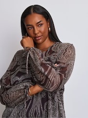 Live Unlimited Brown Print Nehru Collar Blouson Long Sleeve Blouse - Image 3 of 4