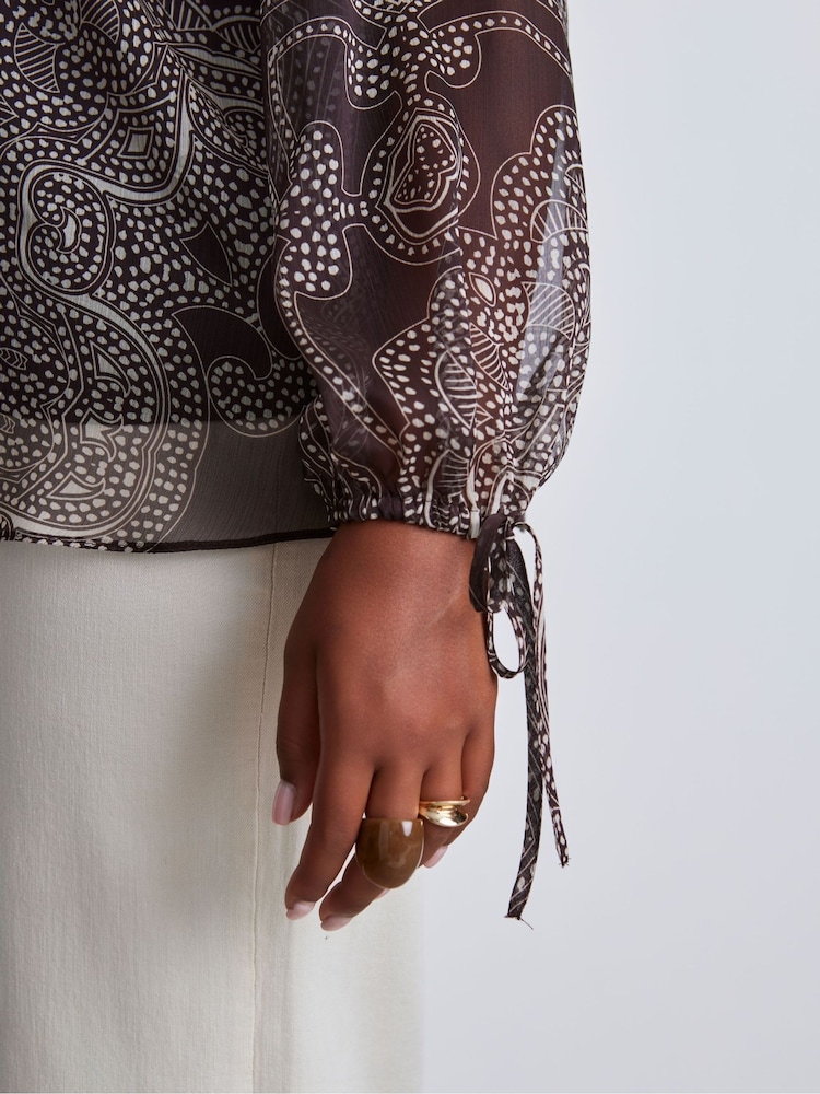 Live Unlimited Brown Print Nehru Collar Blouson Long Sleeve Blouse - Image 4 of 4 Live Unlimited Brown Print Nehru Collar Blouson Long Sleeve Blouse - Image 4 of 4