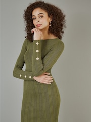 Yumi Green Shimmer Fitted Midi Dress With Button - Image 1 of 5