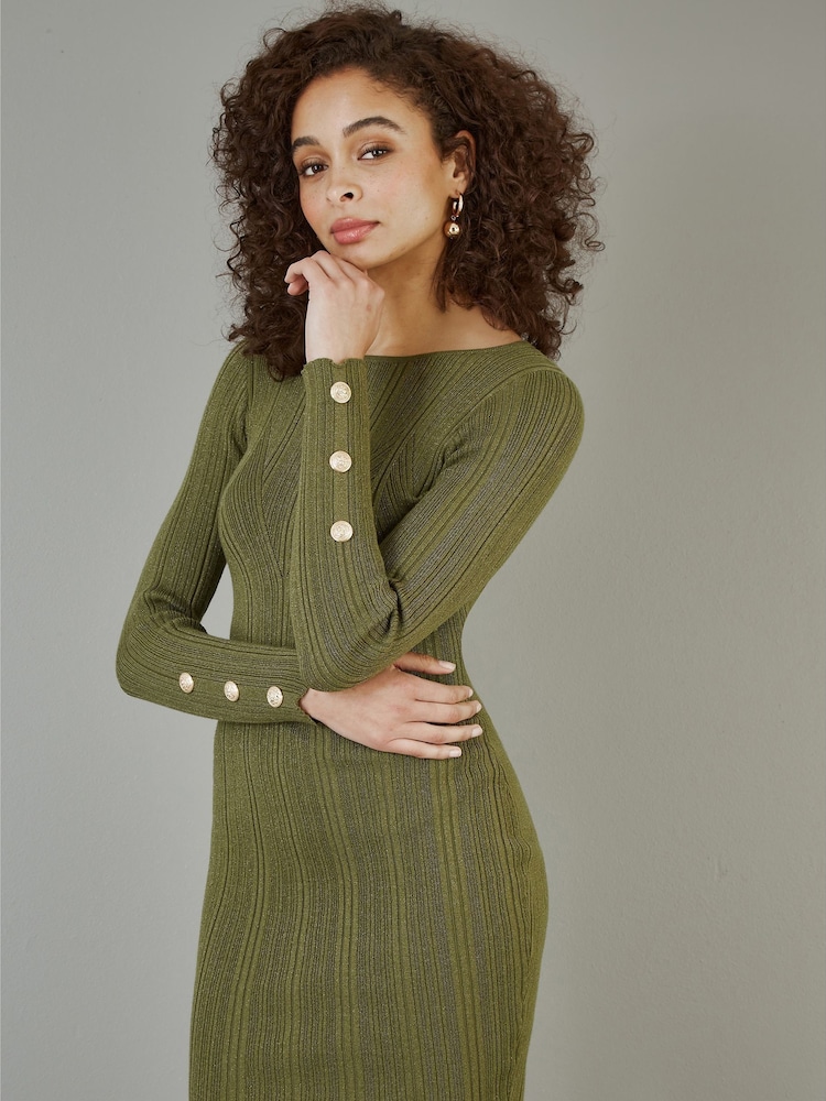 Yumi Green Shimmer Fitted Midi Dress With Button - Image 1 of 5