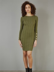 Yumi Green Shimmer Fitted Midi Dress With Button - Image 2 of 5