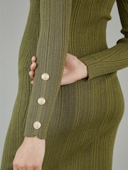 Yumi Green Shimmer Fitted Midi Dress With Button - Image 4 of 5