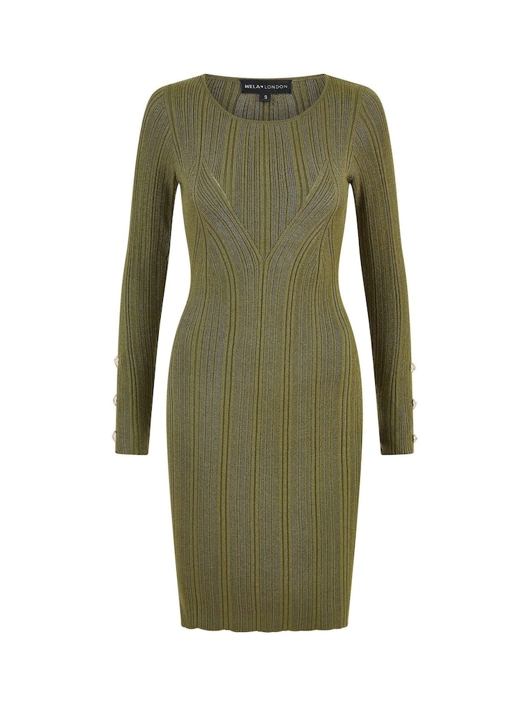 Yumi Green Shimmer Fitted Midi Dress With Button - Image 5 of 5
