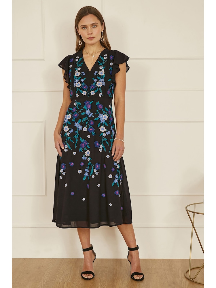 Yumi Black All-Over Floral Embroidery Midi Skater Dress - Image 1 of 4