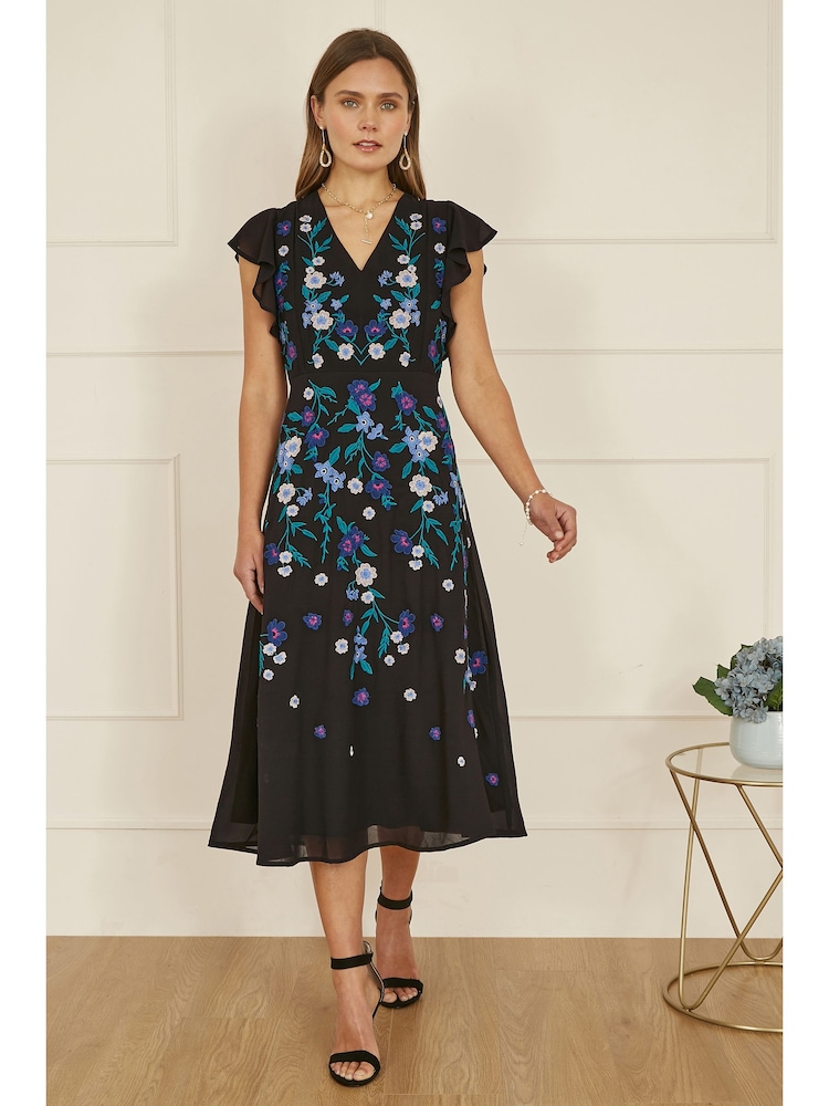 Yumi Black All-Over Floral Embroidery Midi Skater Dress - Image 2 of 4