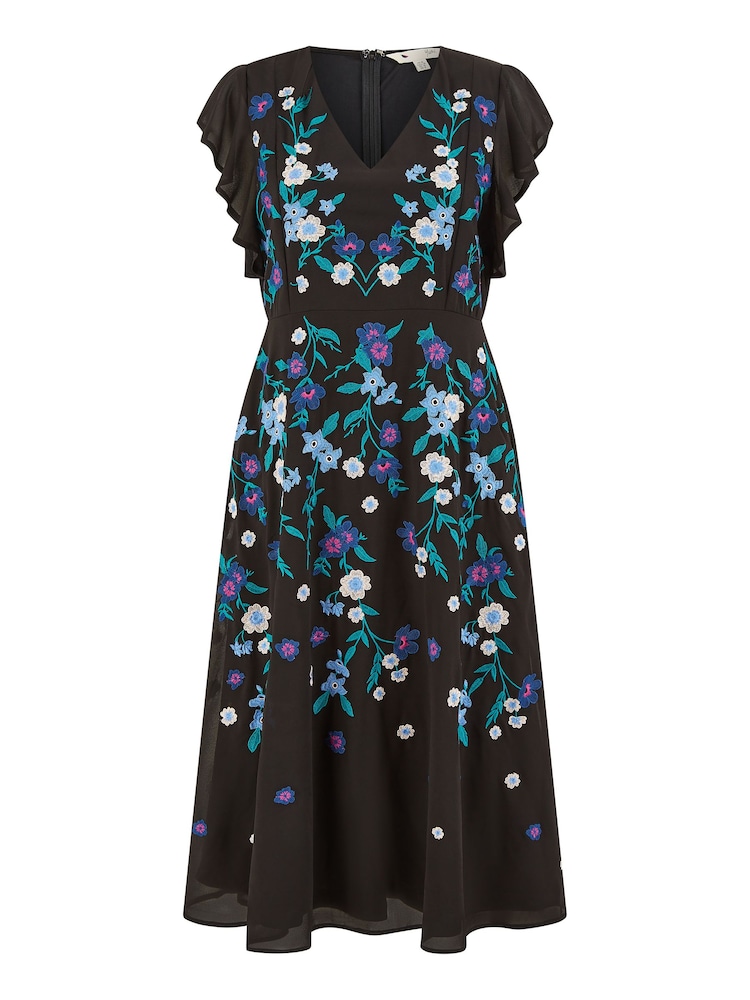 Yumi Black All-Over Floral Embroidery Midi Skater Dress - Image 4 of 4