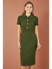 Yumi Green Fitted Rib Knitted Midi Dress With Daisy Buttons - Image 1 of 4