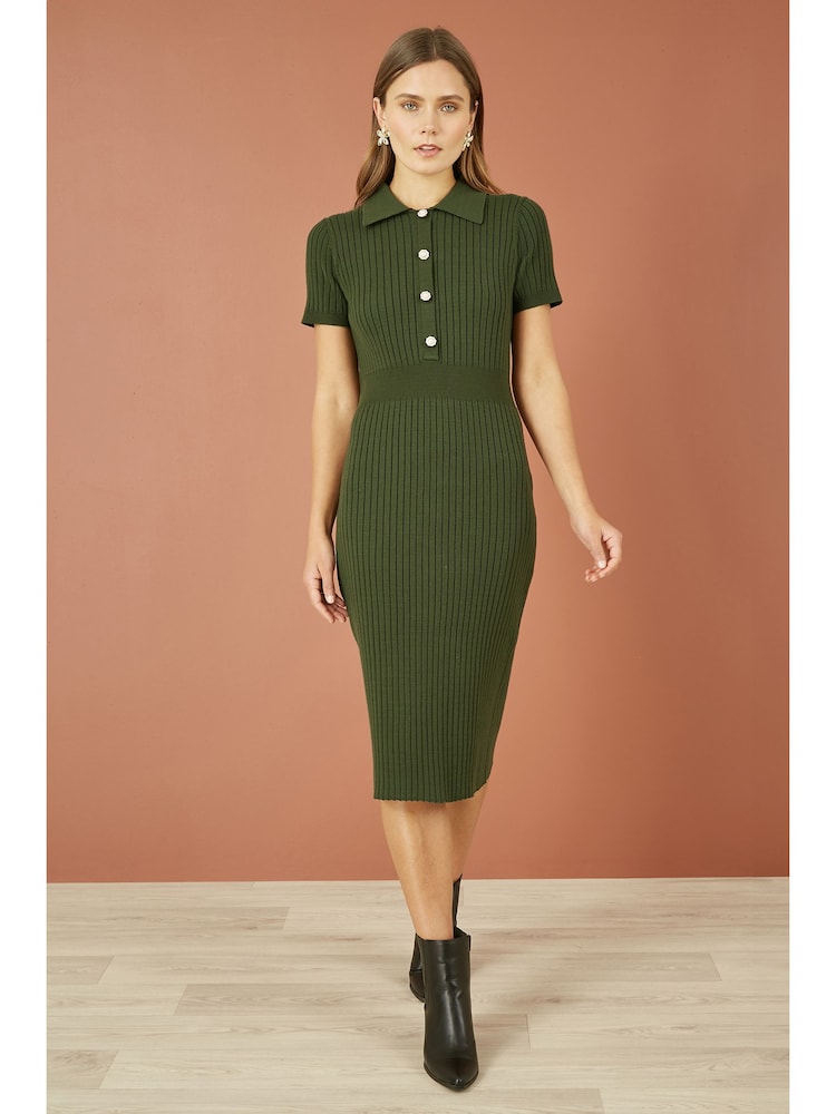 Yumi Green Fitted Rib Knitted Midi Dress With Daisy Buttons - Image 2 of 4
