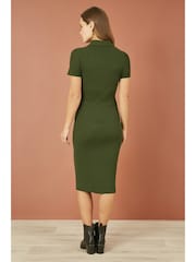 Yumi Green Fitted Rib Knitted Midi Dress With Daisy Buttons - Image 3 of 4