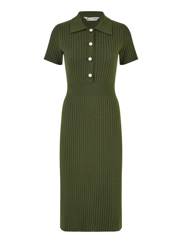 Yumi Green Fitted Rib Knitted Midi Dress With Daisy Buttons - Image 4 of 4