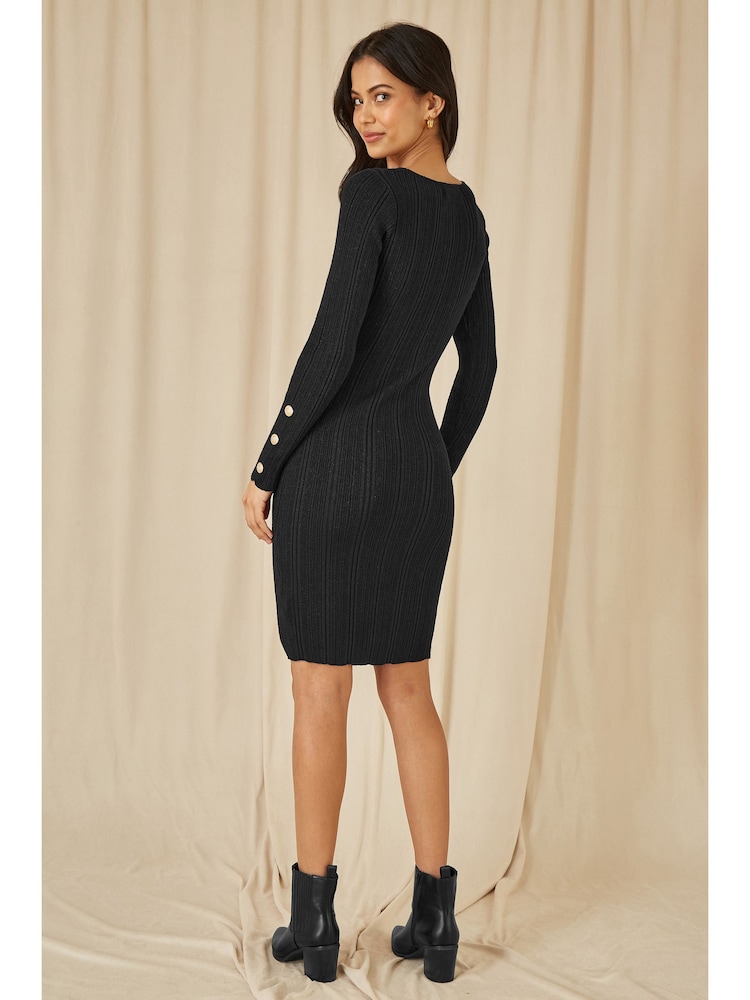 Yumi Black Shimmer Fitted Midi Dress With Button - Image 3 of 5