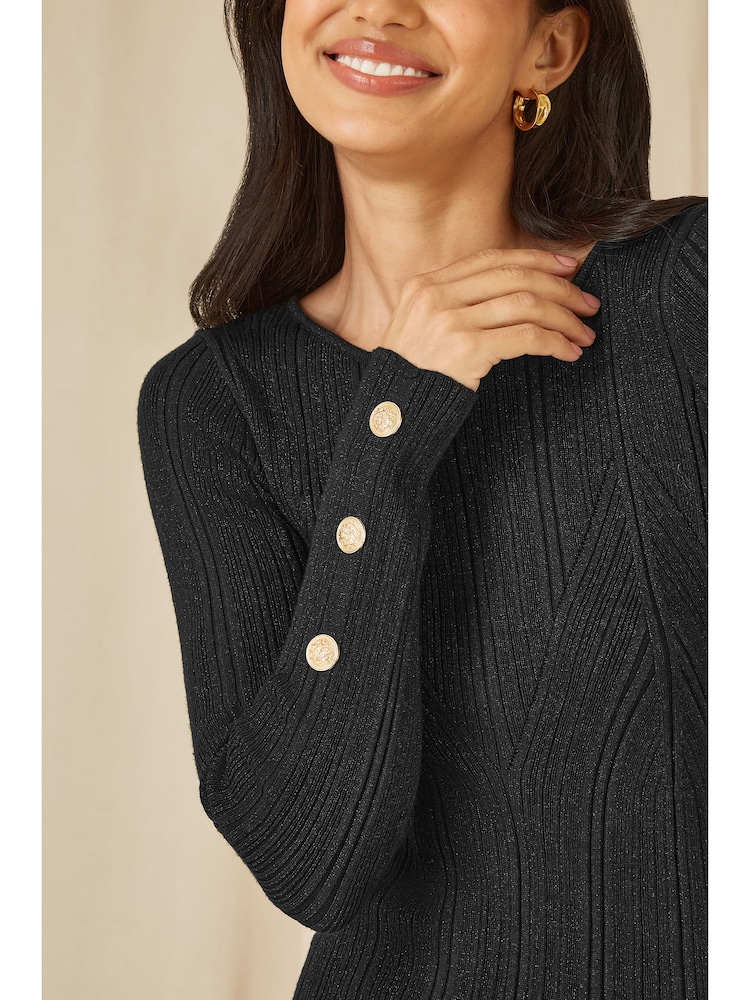 Yumi Black Shimmer Fitted Midi Dress With Button - Image 4 of 5