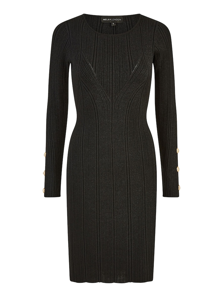 Yumi Black Shimmer Fitted Midi Dress With Button - Image 5 of 5