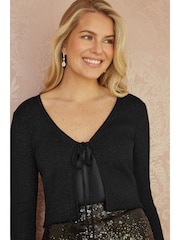 Yumi Black Metallic Knitted Ribbed Tie Front Coverups - Image 4 of 5