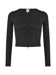 Yumi Black Metallic Knitted Ribbed Tie Front Coverups - Image 5 of 5