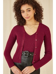 Yumi Red Metallic Rib Knitted Cardigan - Image 1 of 4