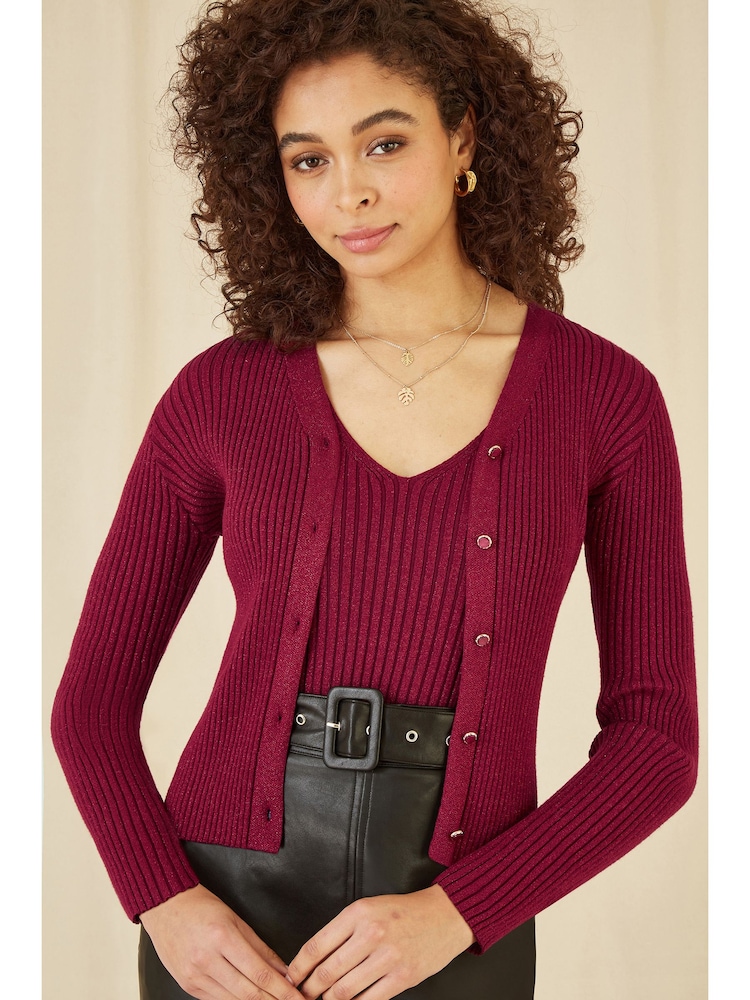 Yumi Red Metallic Rib Knitted Cardigan - Image 1 of 4