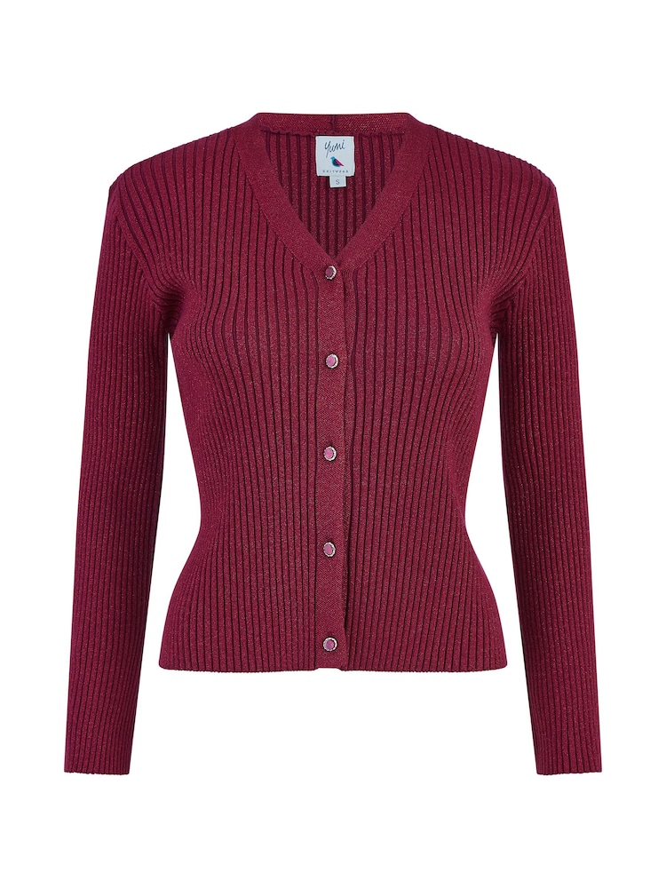 Yumi Red Metallic Rib Knitted Cardigan - Image 4 of 4