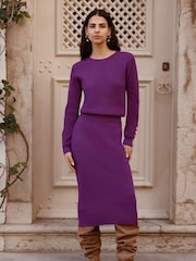 Yumi Purple Rib Knitted Jumper With Sleeve Button Detail - Image 2 of 4