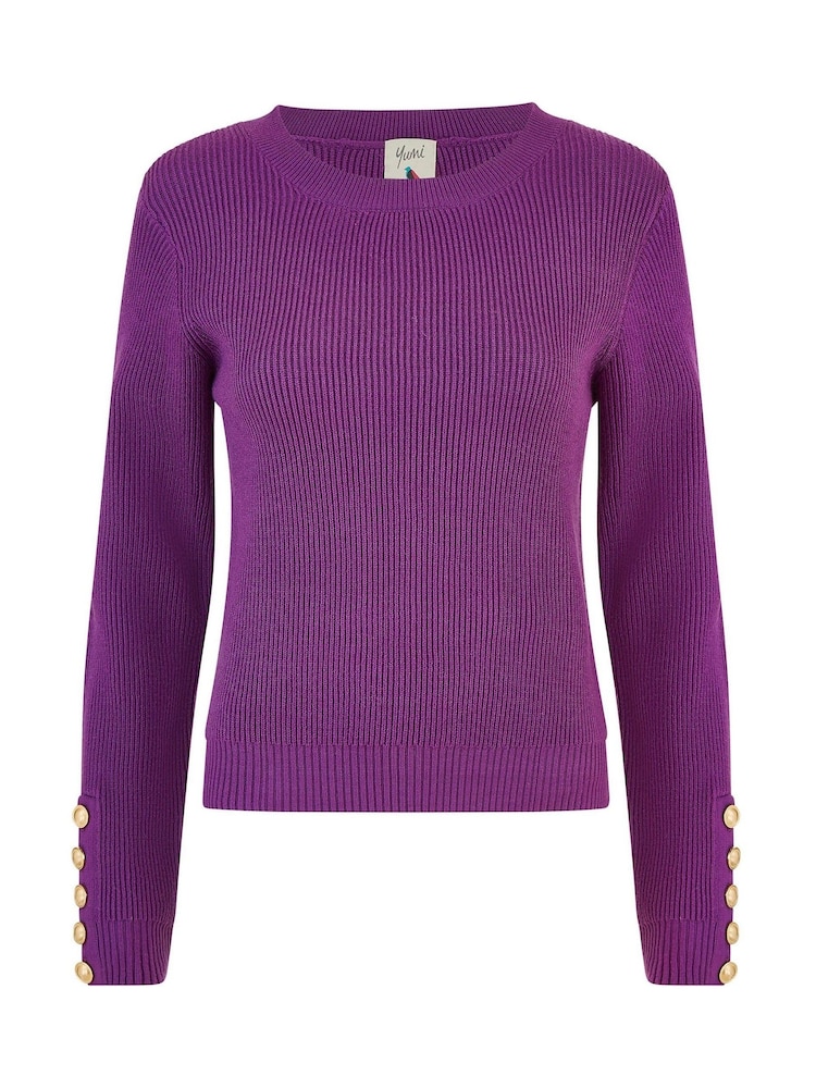 Yumi Purple Rib Knitted Jumper With Sleeve Button Detail - Image 4 of 4 Yumi Purple Rib Knitted Jumper With Sleeve Button Detail - Image 4 of 4