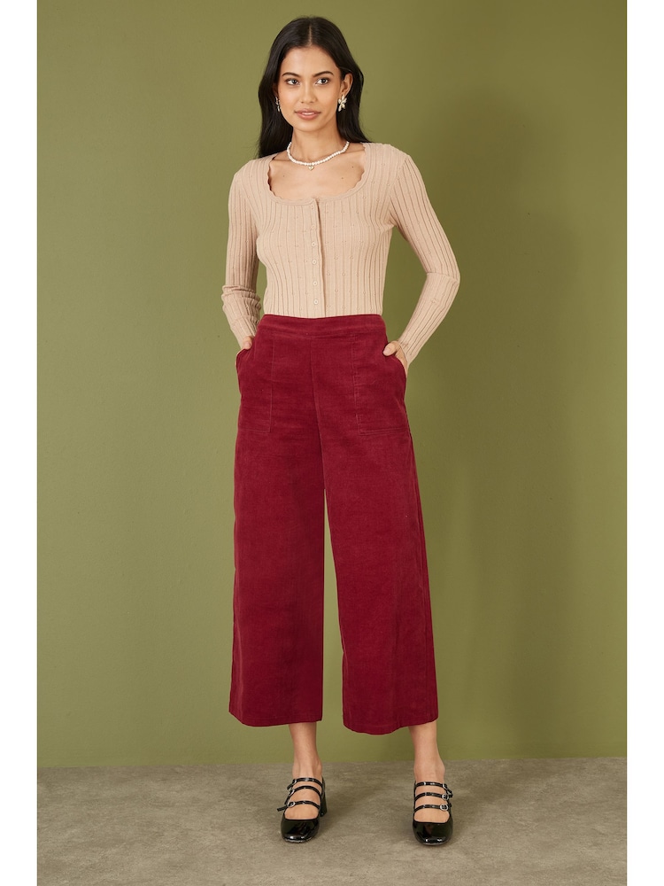Yumi Red Corduroy Cropped Wide Leg Trousers With Pockets - Image 1 of 4