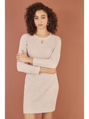Yumi Natural Rib Knit Tunic Dress With Button Cuffs And Cut-Out Detail - Image 2 of 5