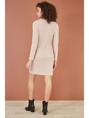 Yumi Natural Rib Knit Tunic Dress With Button Cuffs And Cut-Out Detail - Image 3 of 5