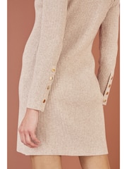 Yumi Natural Rib Knit Tunic Dress With Button Cuffs And Cut-Out Detail - Image 4 of 5