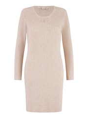 Yumi Natural Rib Knit Tunic Dress With Button Cuffs And Cut-Out Detail - Image 5 of 5