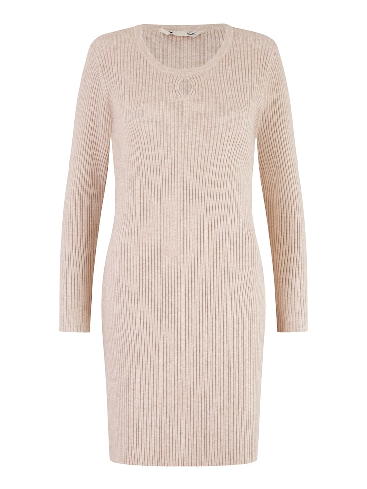 Yumi Natural Rib Knit Tunic Dress With Button Cuffs And Cut-Out Detail - Image 5 of 5